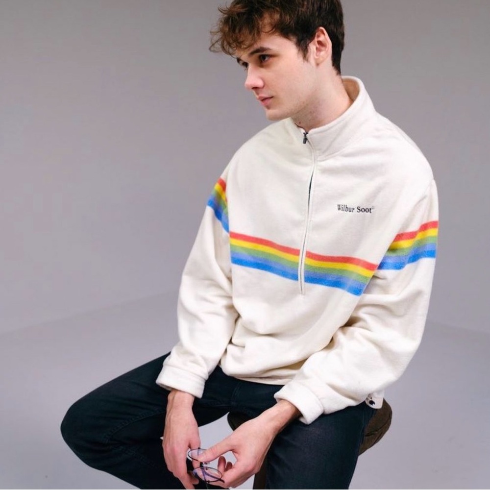 Vintage Wilbur Soot Polaroid Rainbow Quarter Zip Sz L Spellout retro stripe